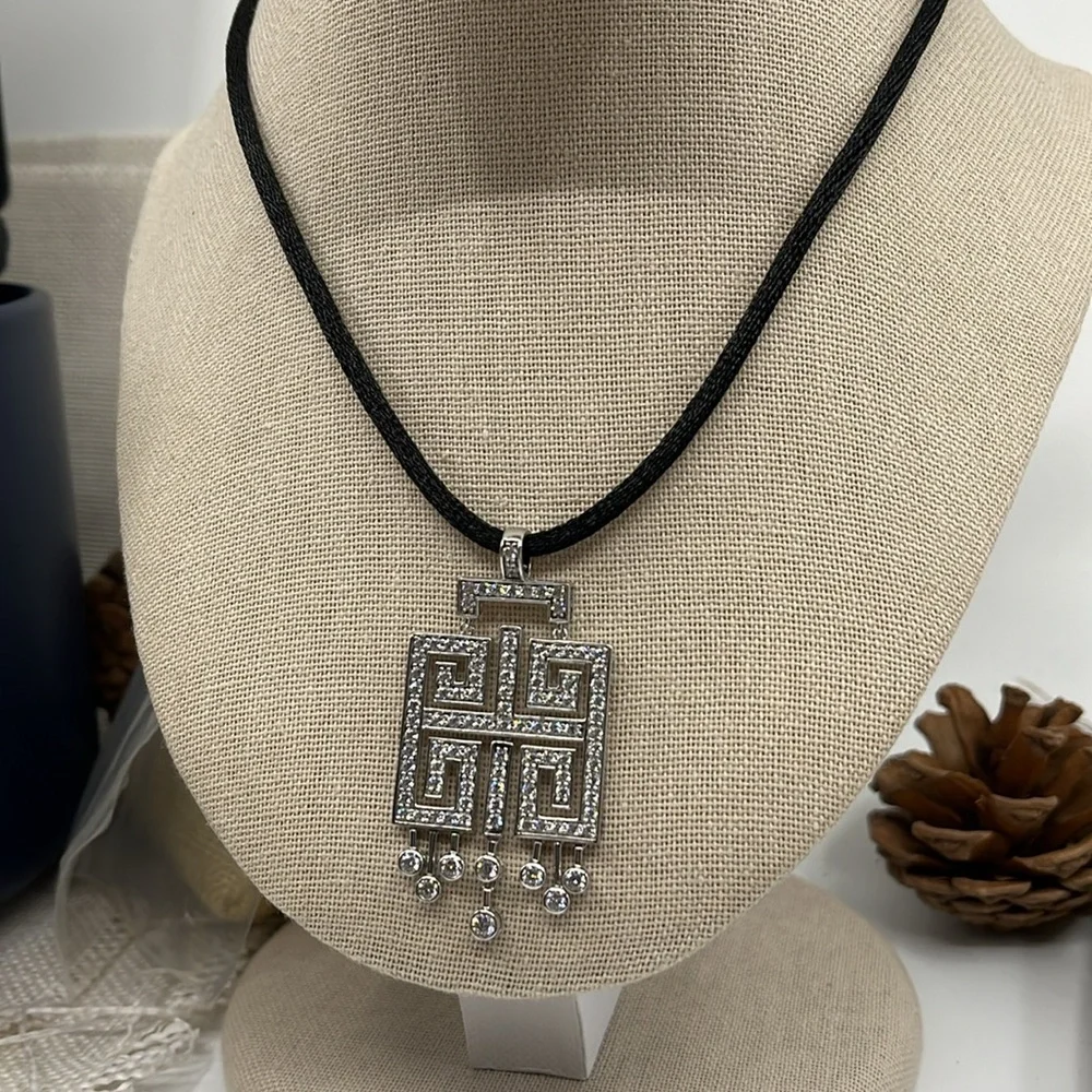 925 Diamonique QVC Geometric Statement Necklace w/ Black Adjustable Cord